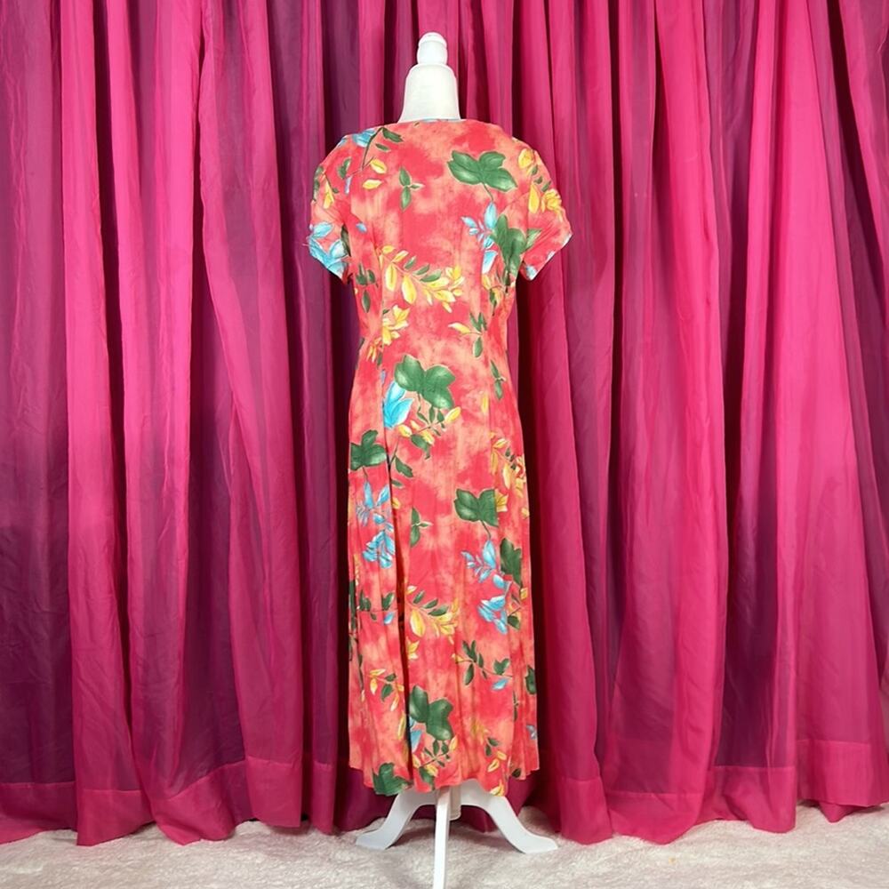 Vintage Coral Floral Midi Dress with Blue and Green Flower Print - Picture 3 of 8